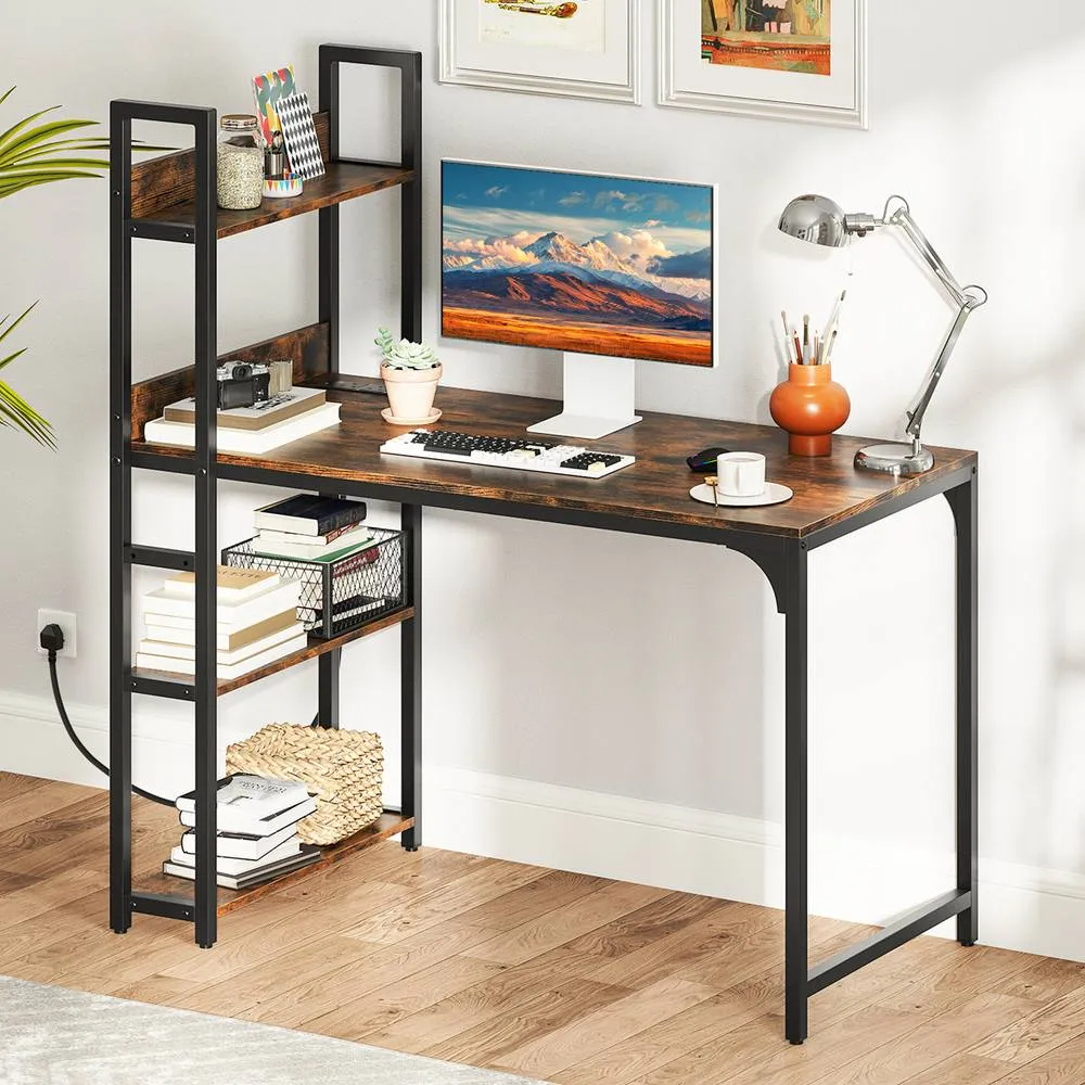Costway Computer Desk 120 CM Study Writing Desk with Charging Station-Brown in Brown