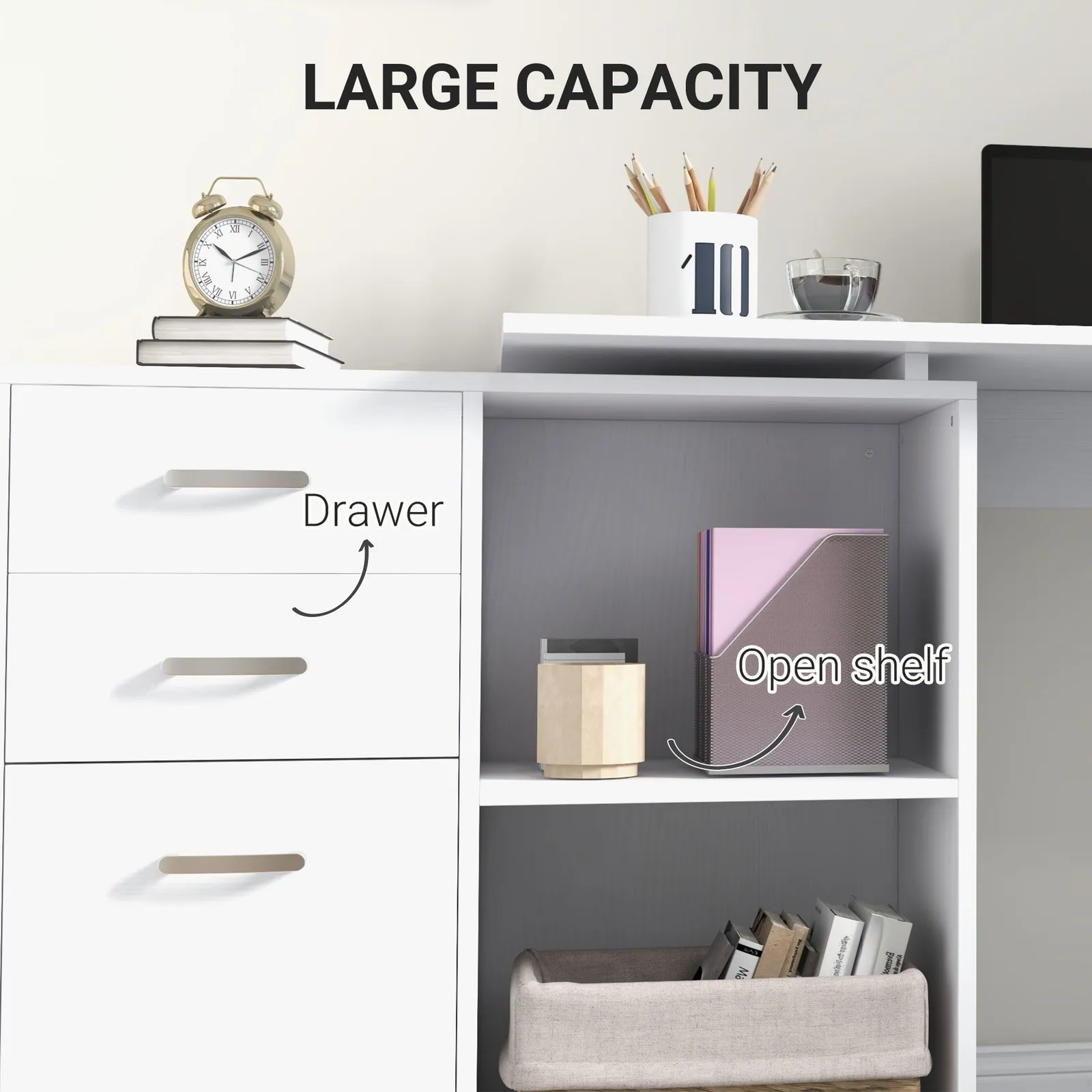 HOMCOM Computer Desk Table Workstation L Shape Drawer Shelf File Cabinet Home in White 4
