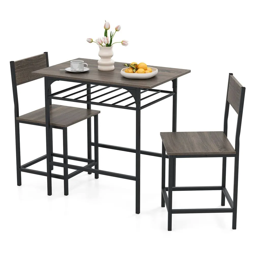 Costway Dining Table Set for 2 3-Piece Wood Rectangular Table & Chair Set w/ Metal Frame in Grey
