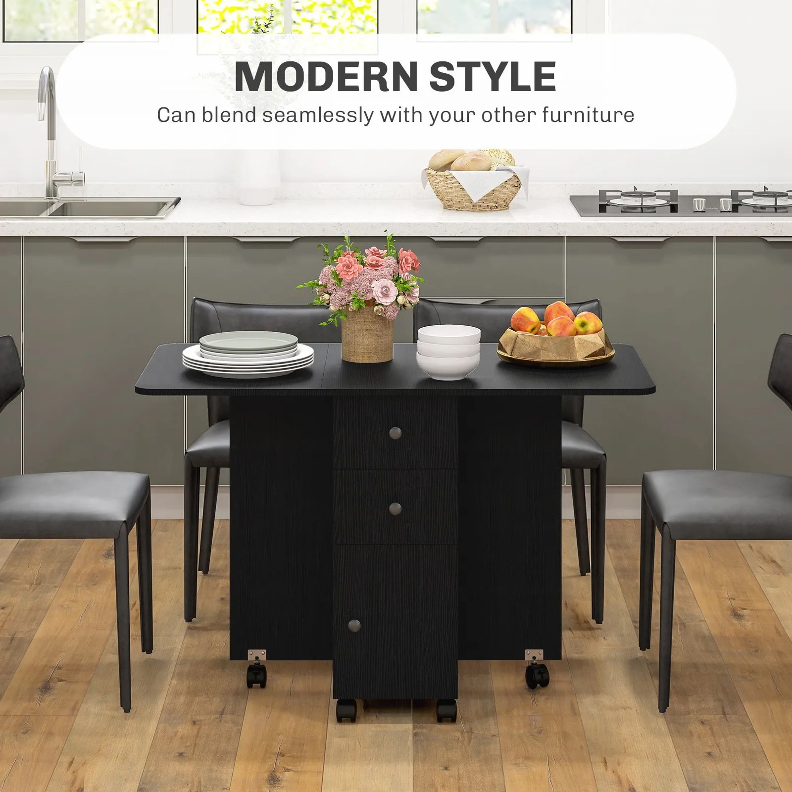 HOMCOM Folding Dining Table, Drop Leaf Table With Drawers in Black 4