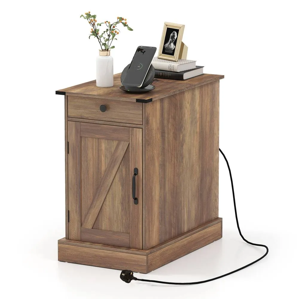 Costway Narrow Wooden Nightstand with Power Outlets in Brown