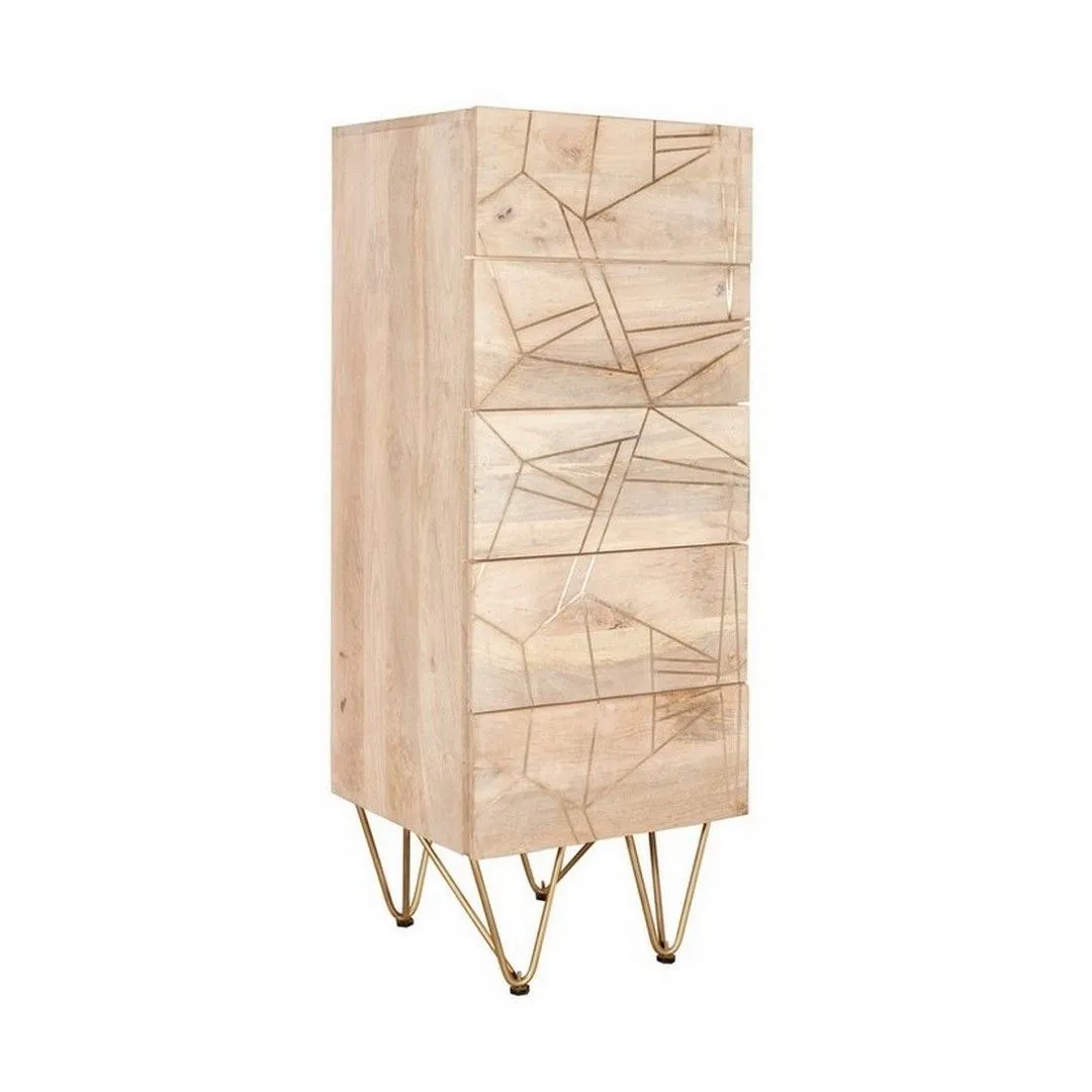 Indian Hub Light Gold Tall Chest of Drawers - Solid Mango Wood - L40 x W45 x H120 cm in Brown