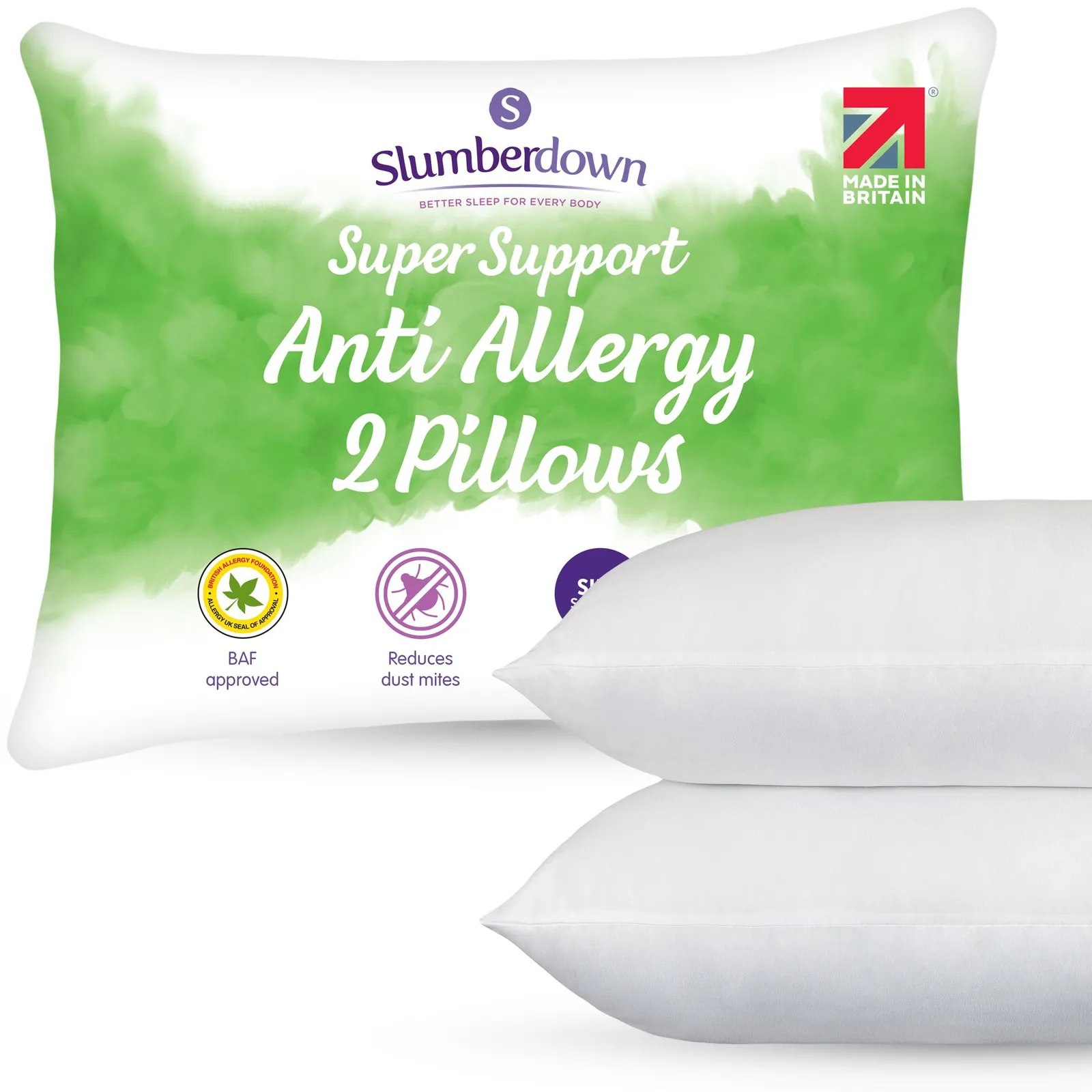 Slumberdown 2 Pack Anti Allergy Super Support Side Sleeper Firm Pillows in White