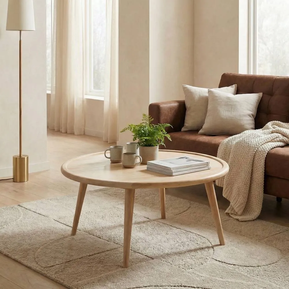 FurnitureboxUK Orizaba Round White Oak Wood Coffee Table in Light Brown