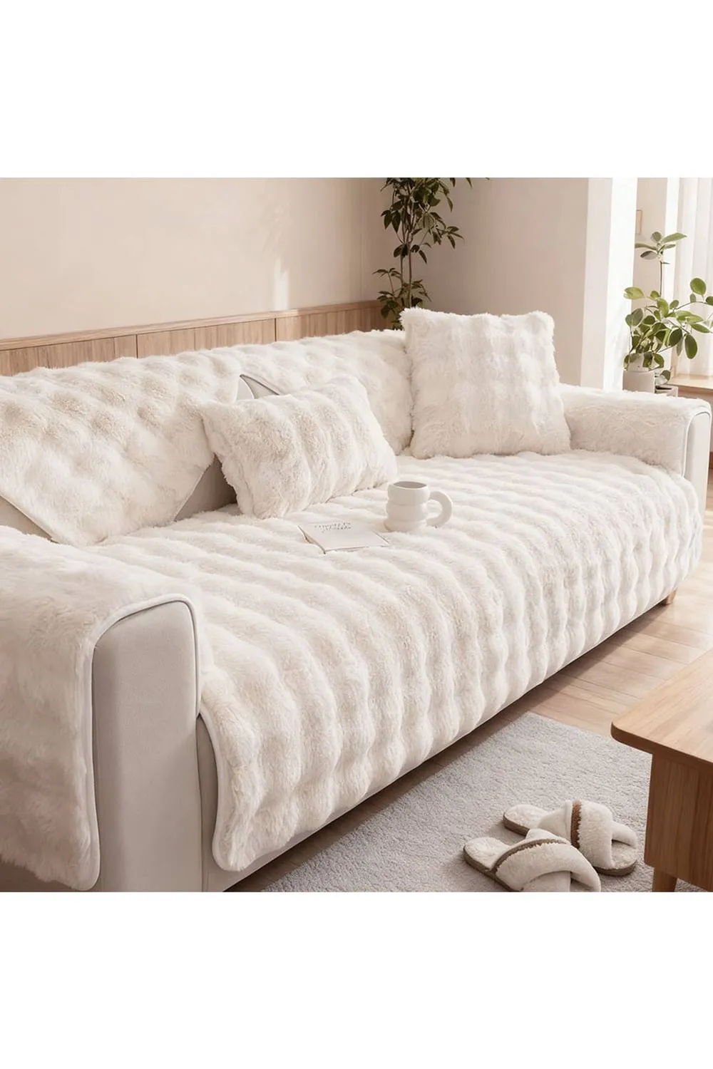 Living and Home Sleek Textured Plush Sofa Cover in Cream