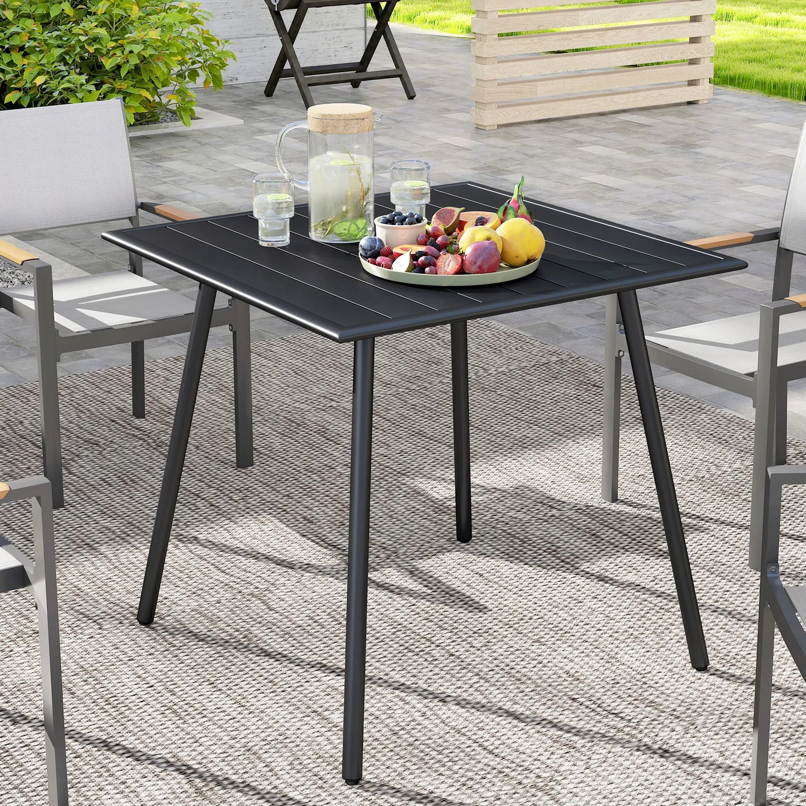 OUTSUNNY Garden Table for 4 Person with Slat Top, Steel Frame, Black