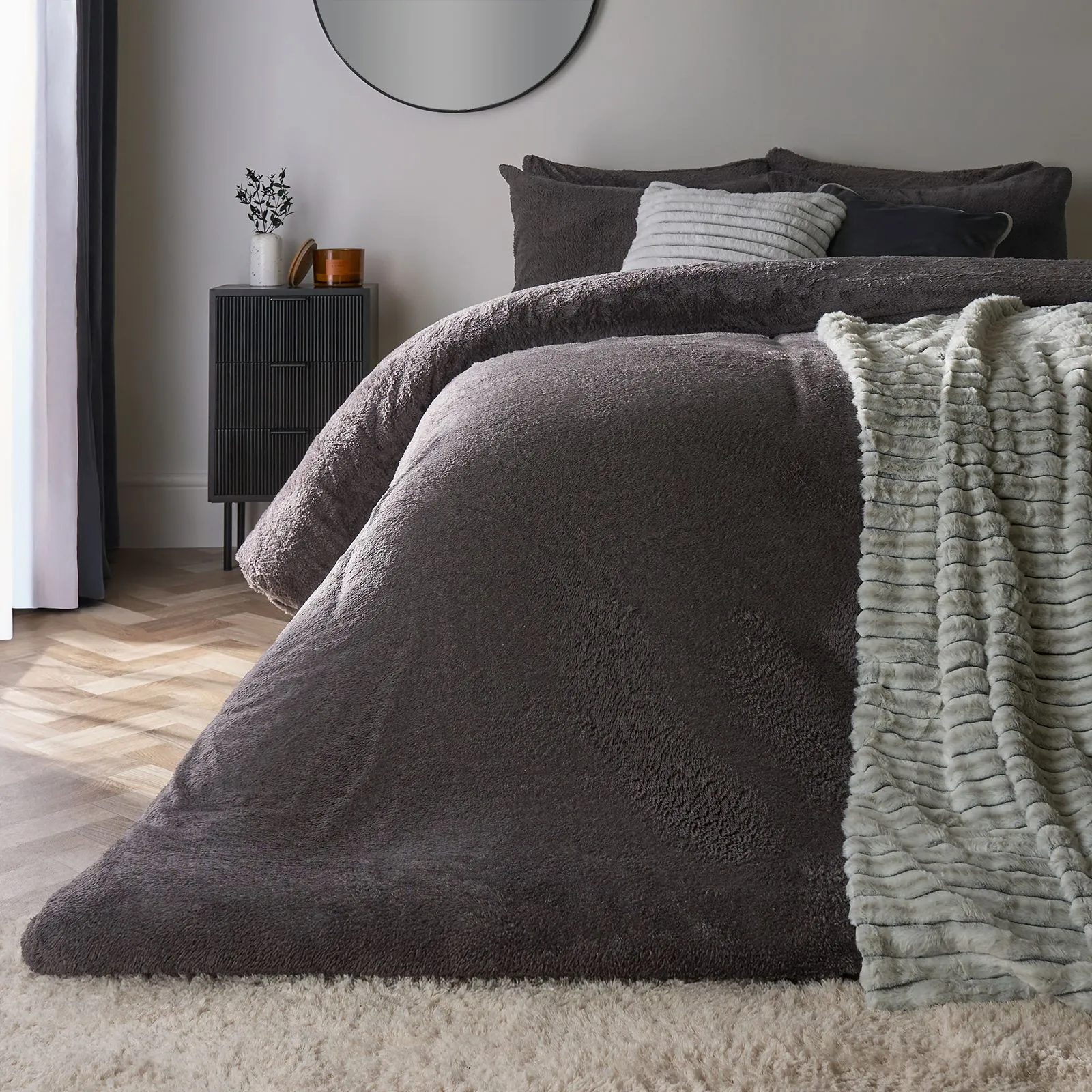 OHS Thermal Soft Teddy Fleece Duvet Cover Bedding Set in Charcoal