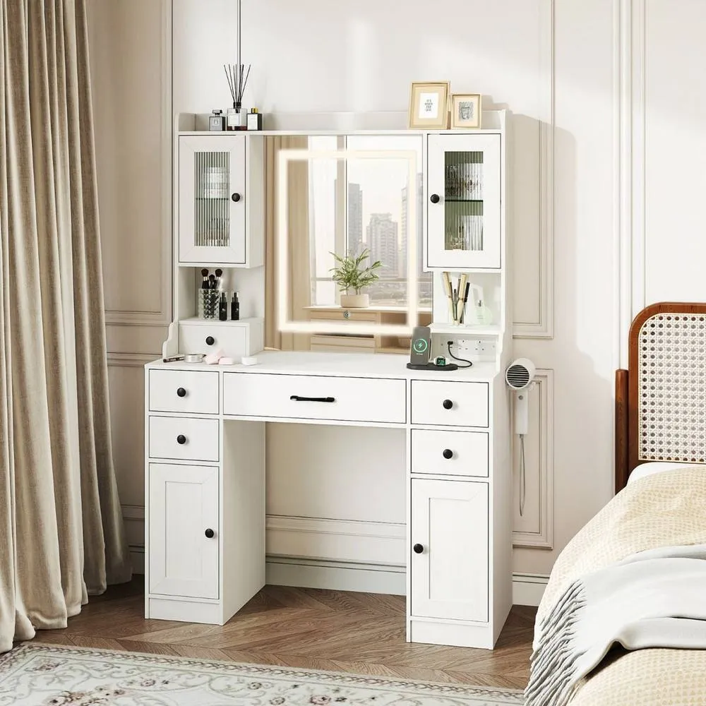 Costway Modern Dressing Table Vanity Desk with Mirror & Lights in White 3