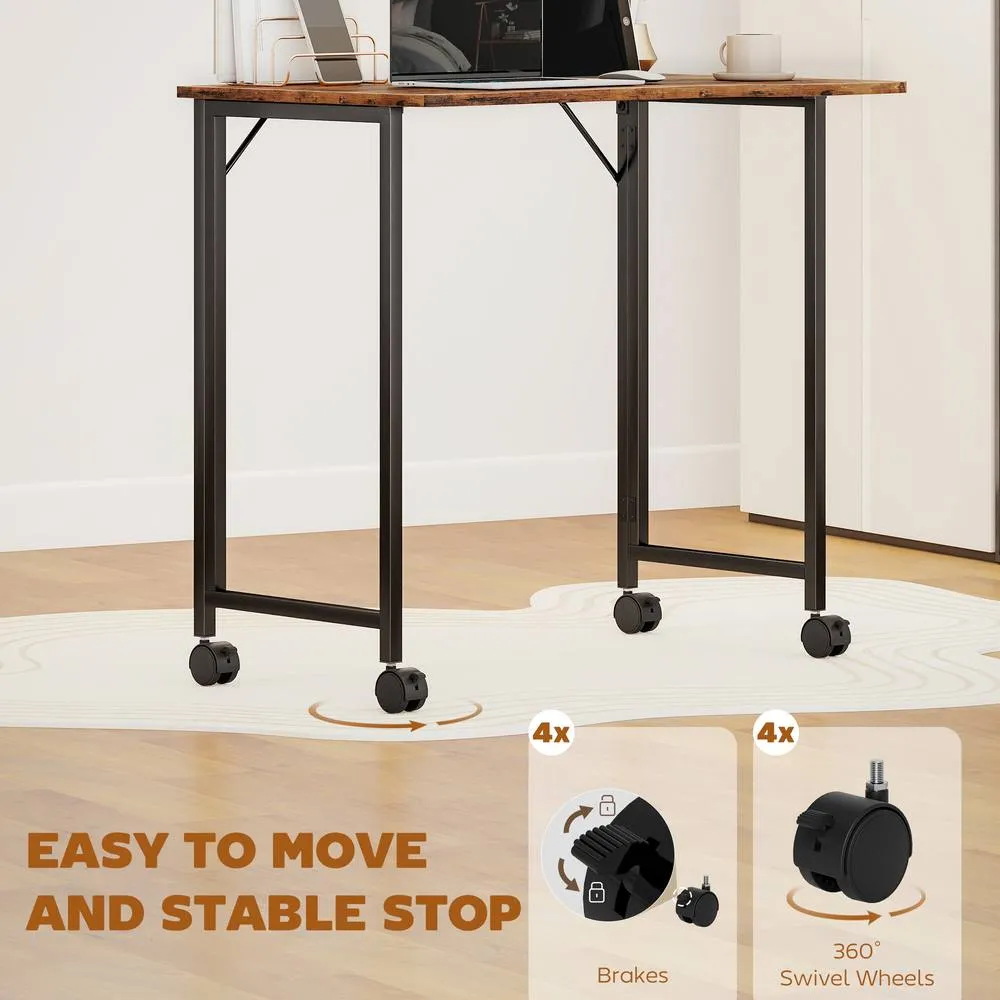 HOMCOM Small Writing Desk with Wheels, Folding Study Table in Brown 6