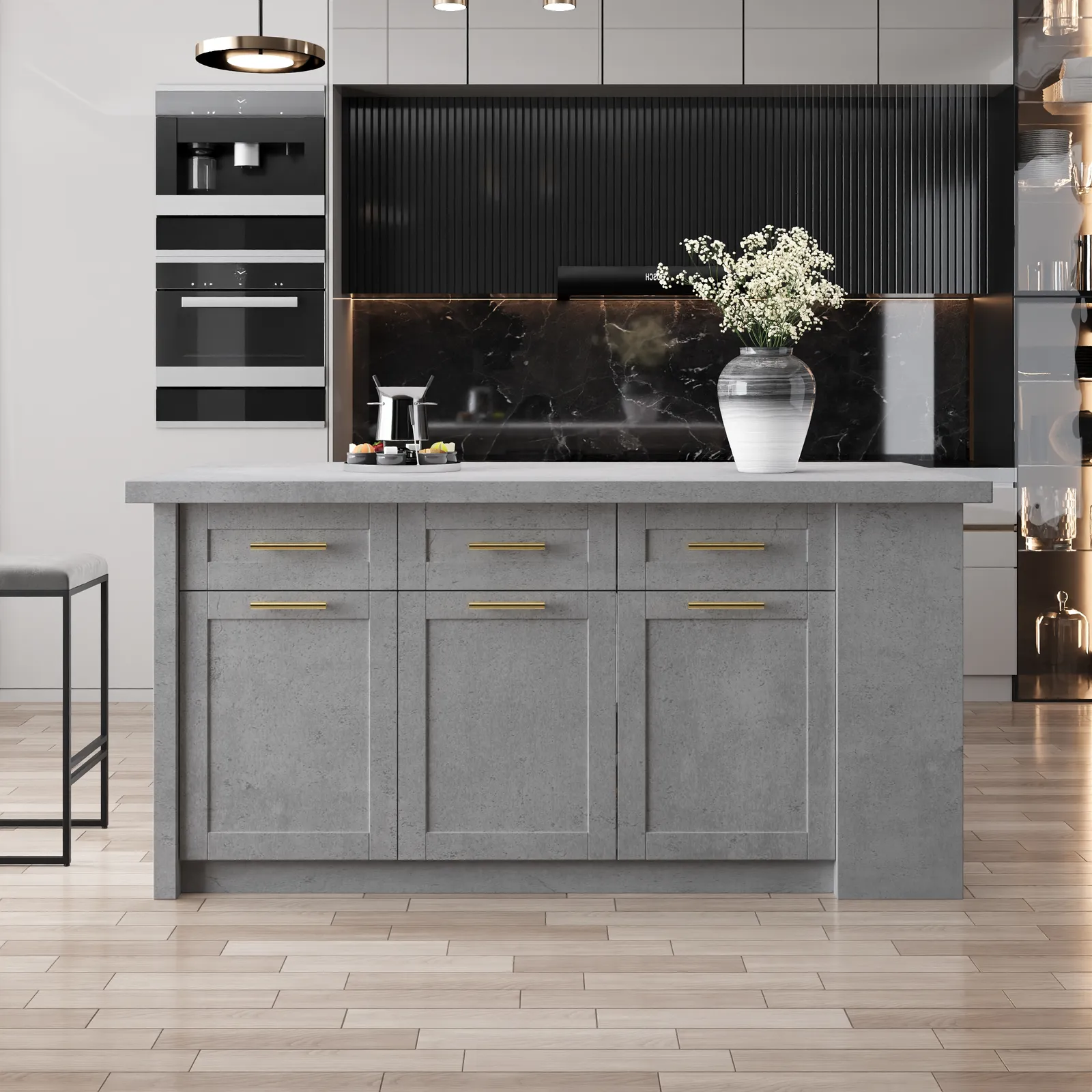 180 cm Large Grey Kitchen Island with Storage Modern Kitchen Cabinet
