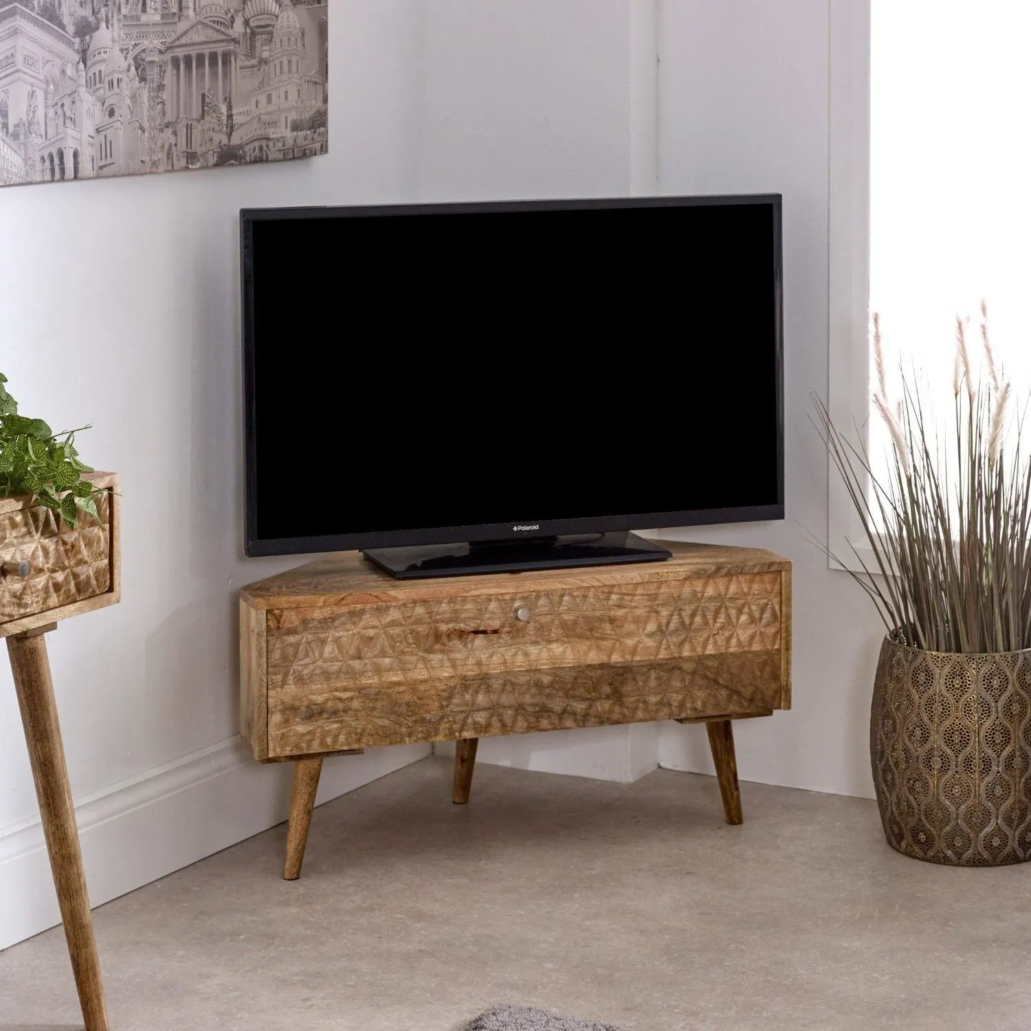 IH Design Ryley Light Mango Wood Corner TV Stand in Natural