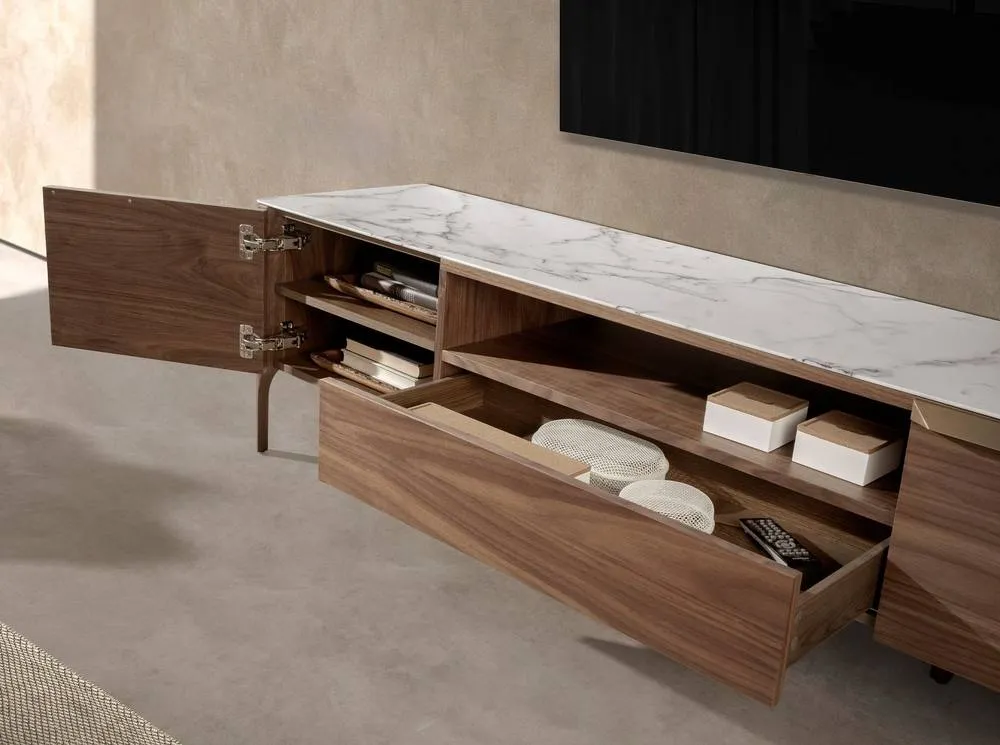 Angel Cerda Walnut TV Stand with Faux Marble Glass Top 180x45x50 in Brown 5