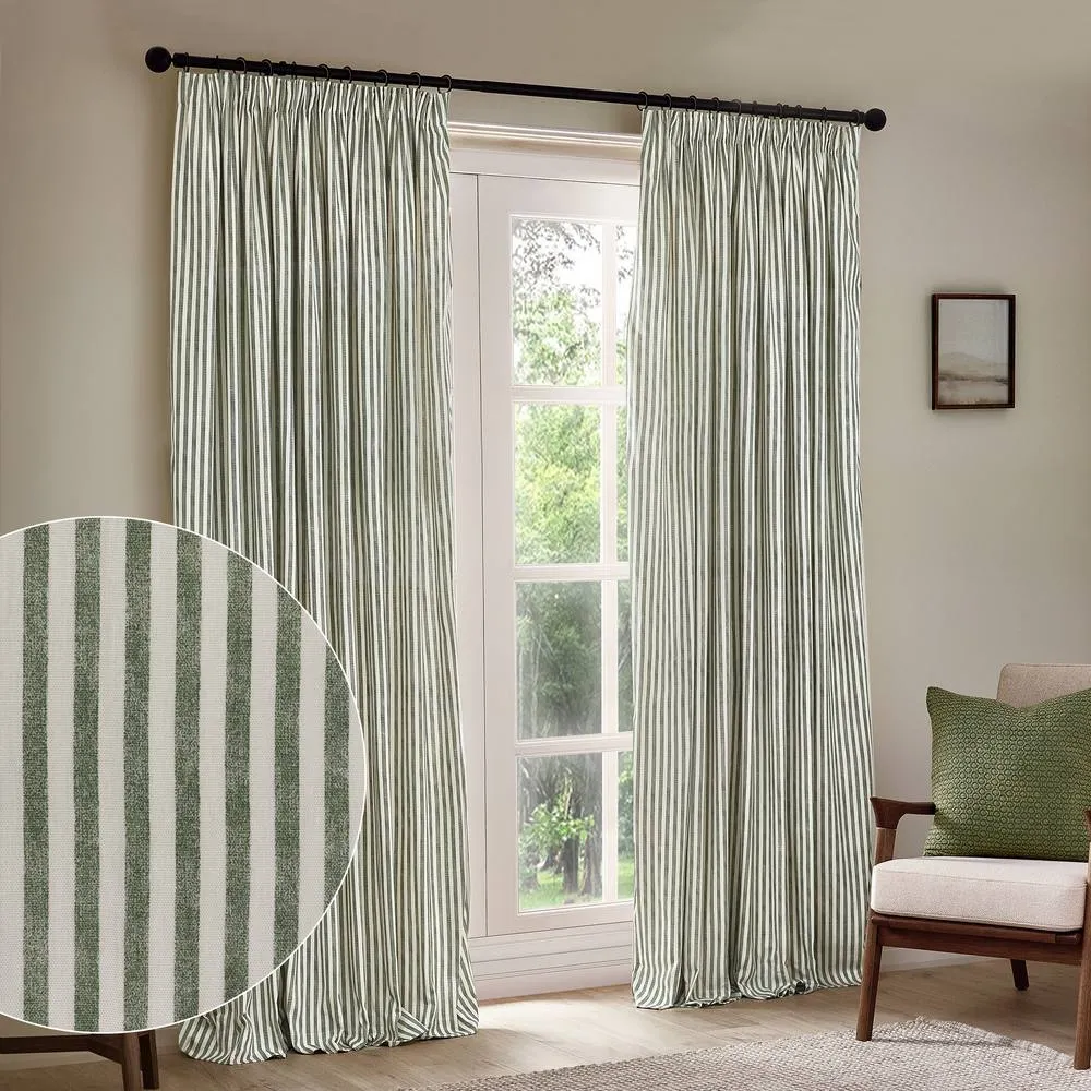 Yard Hebden Striped 100% Cotton Blackout Pencil Pleat Curtain Pair in Green 1