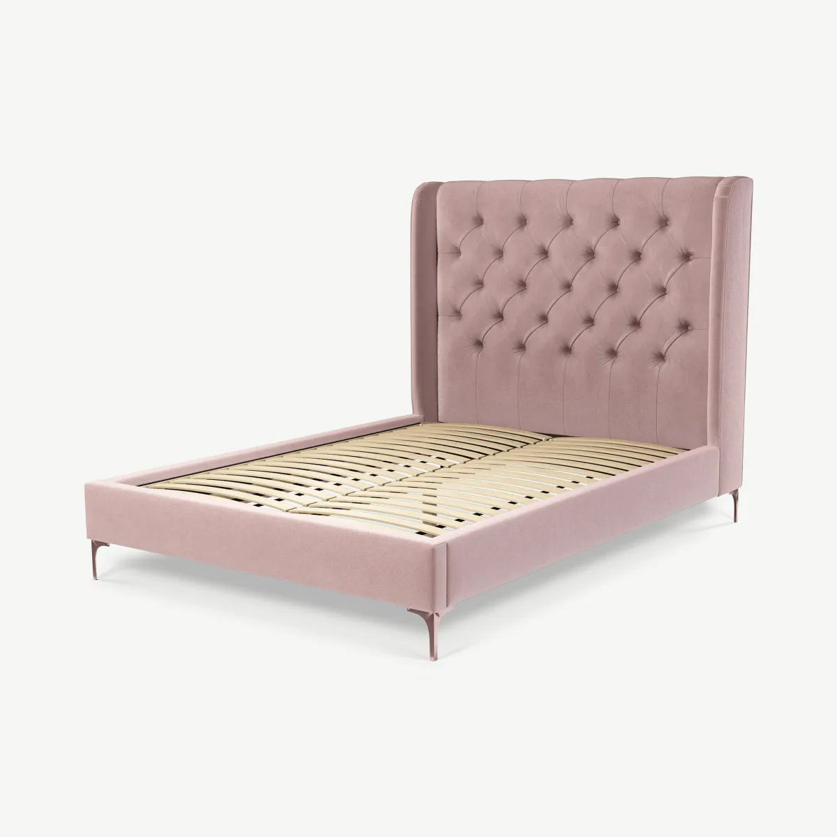 Romare Double Bed, Heather Pink Velvet with Copper Legs