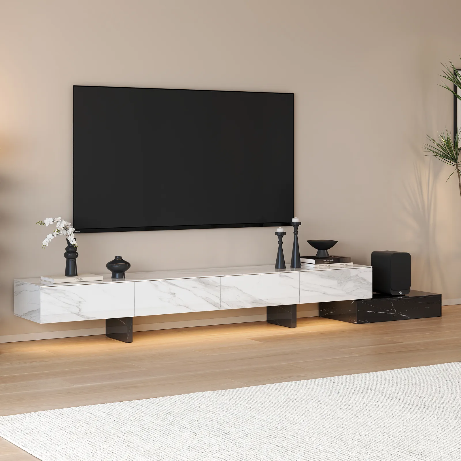 220 - 270 cm Extendable TV Stand with Sintered Stone Top & 5 Drawers