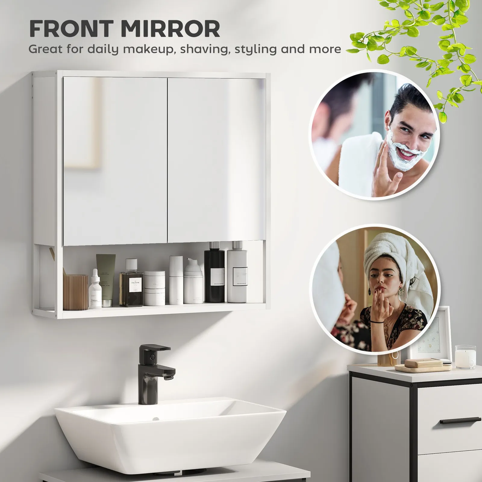 HOMCOM Industrial Bathroom Cabinet with 2 Mirrored Doors Open Shelf, White 4