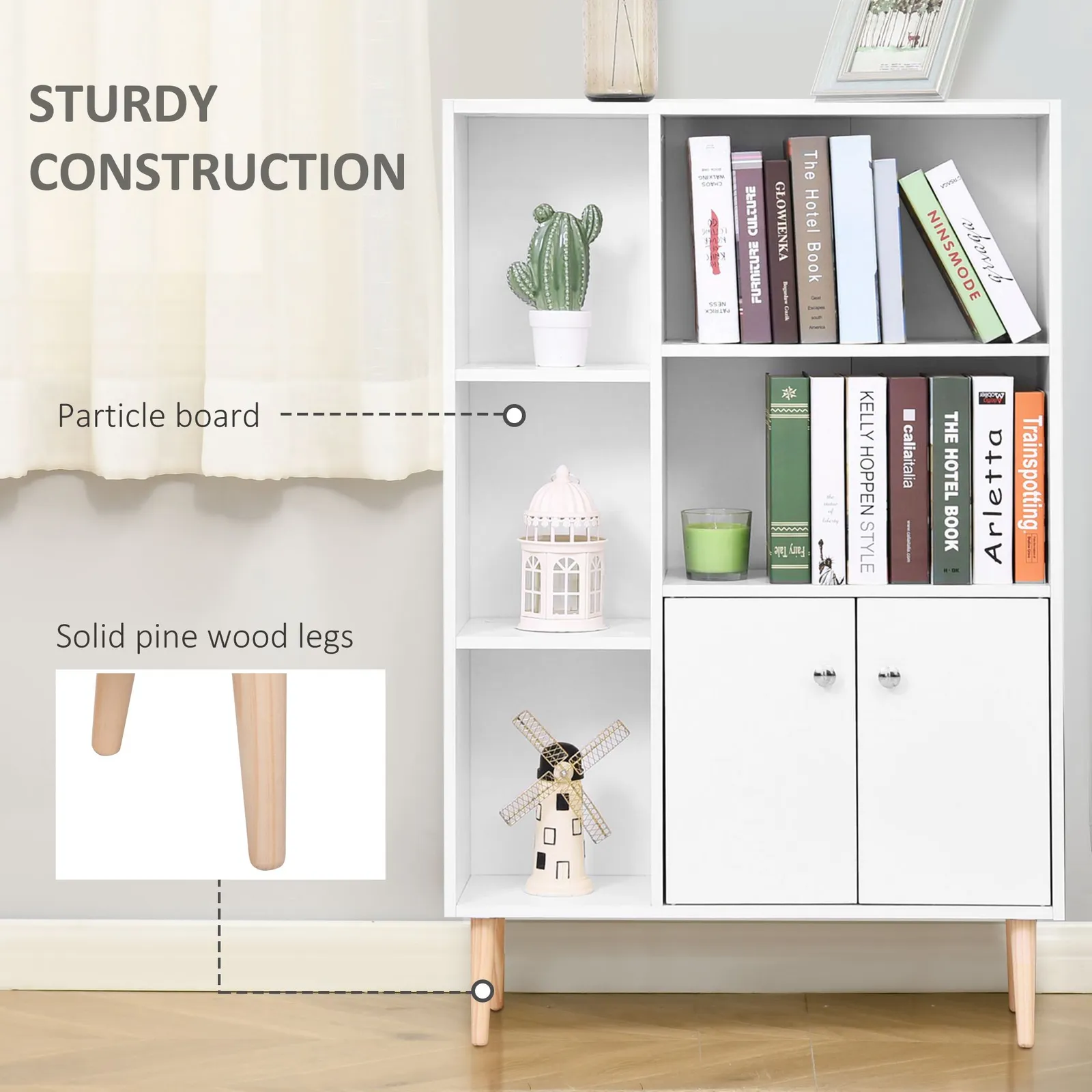 HOMCOM Bookcase Storage Cabinet Shelves Unit Free Standing Two Doors Wooden in White 5