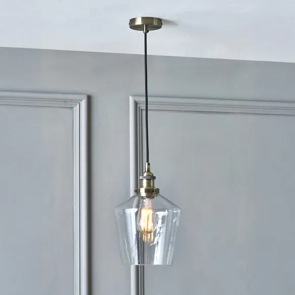 Antique Brass Metal and Clear Glass Pendant, Silver