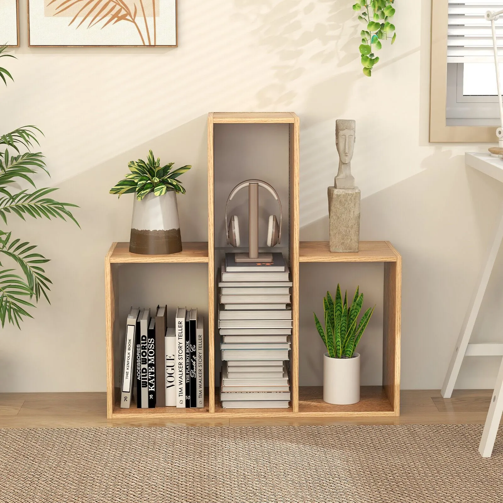 Costway Convex Bookshelf 3-Shelf Bookcase Modern Display Storage Shelf in Natural 3