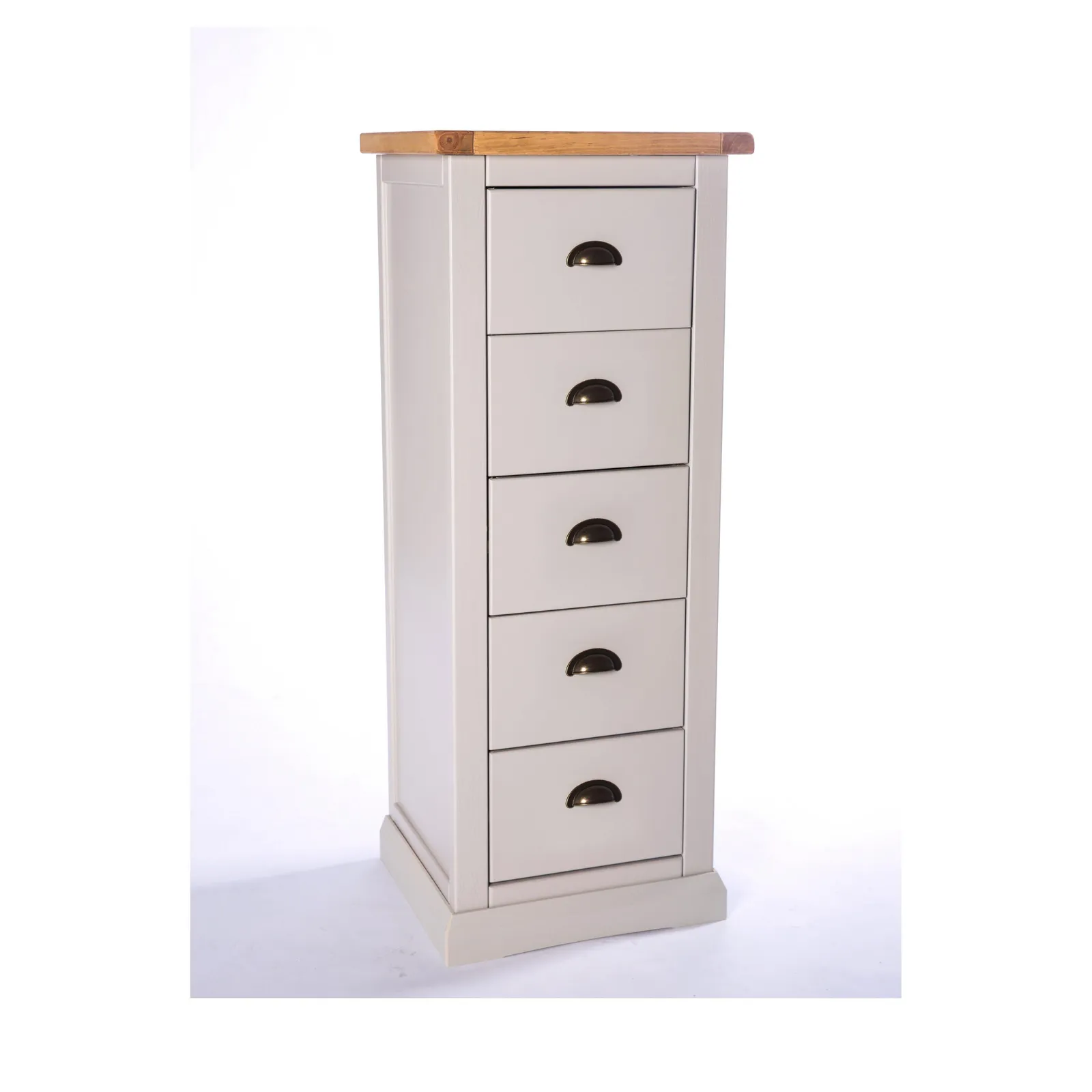 Cabinet Bits Loreo 5 Drawer Narrow Chest of Drawers Brass Cup Handle in Light Grey 3