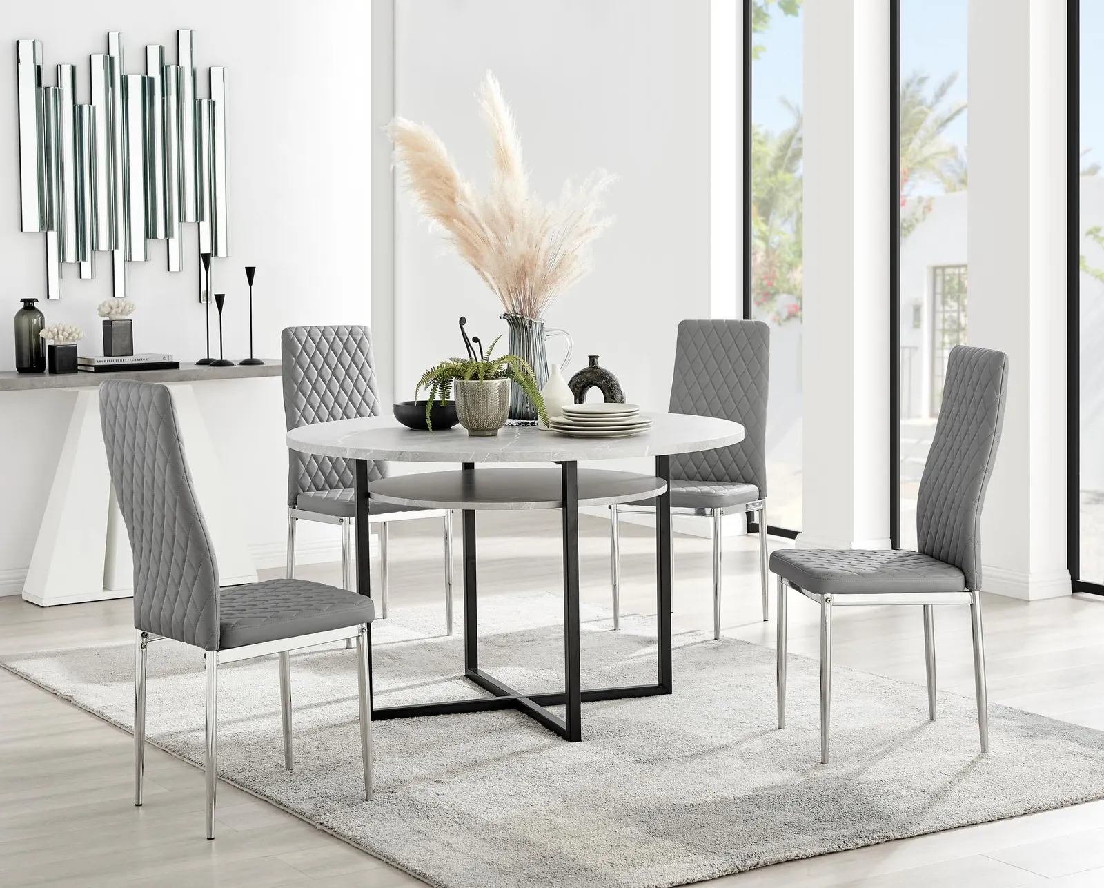 FurnitureboxUK Adley Grey Concrete Effect Round Dining Table & 4 Milan Chrome Leg Faux Leather Chairs 1