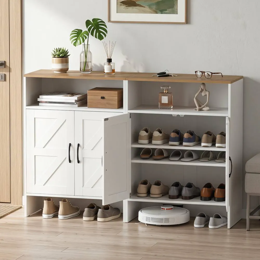 Costway Shoe Cabinet w/ 2 Barn Doors Narrow Shoe Storage Cabinet Shoe Rack in White 6
