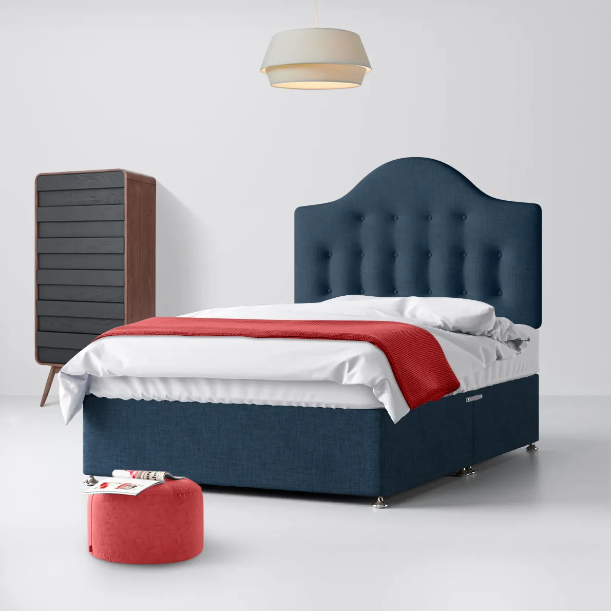 Victor Buttoned Midnight Blue Fabric No Drawer Divan Bed - 4ft Small Double