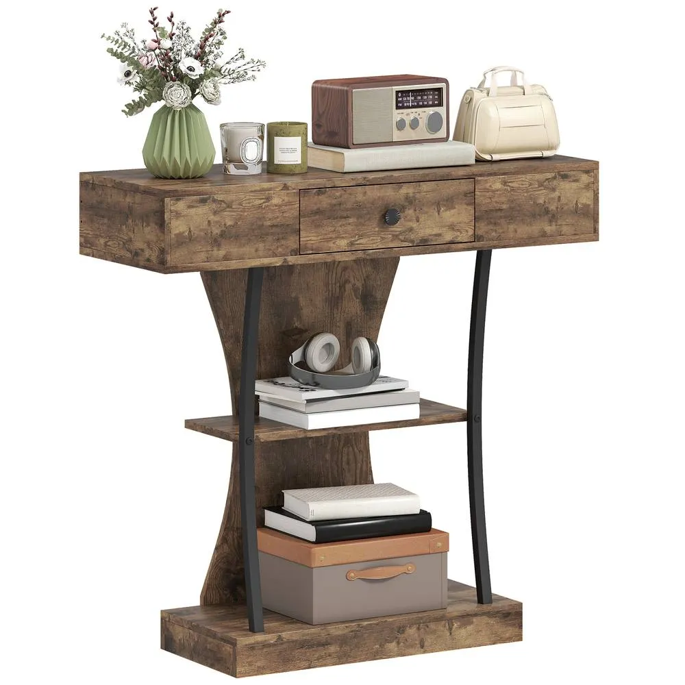 HOMCOM Console Table Hallway Table with Storage Shelves, Rustic Brown 2