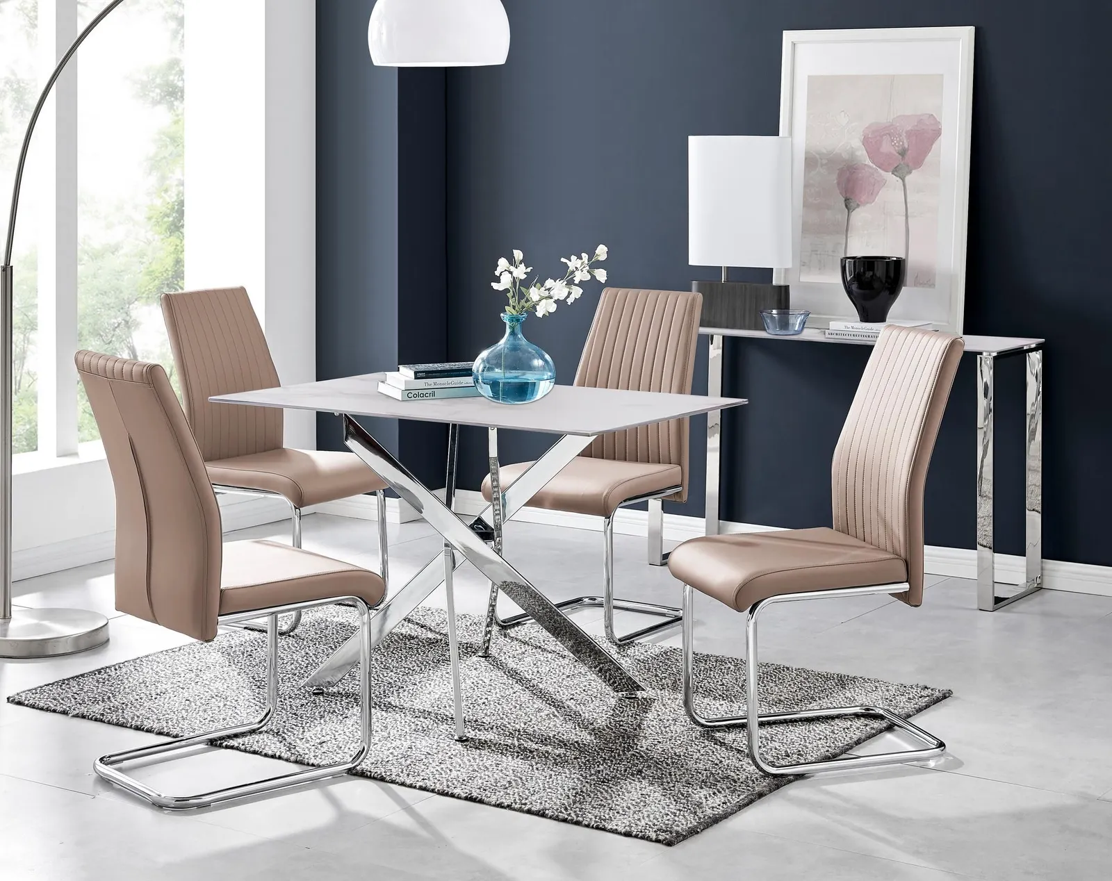 FurnitureboxUK Leonardo White Glass Marble Effect Silver Leg Table & 4 Lorenzo Chairs in Beige