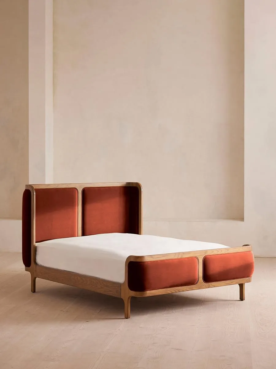Belsa Bed, Light Oak, King, Velvet, Rust