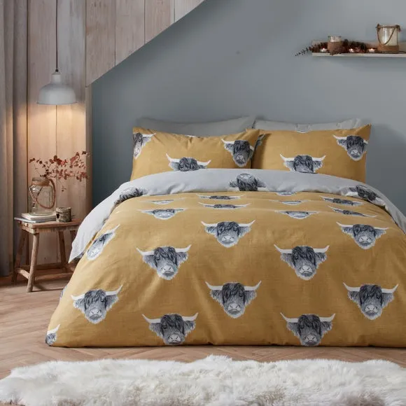 Fusion Snug Highland Cow Ochre Duvet Cover and Pillowcase Set 1