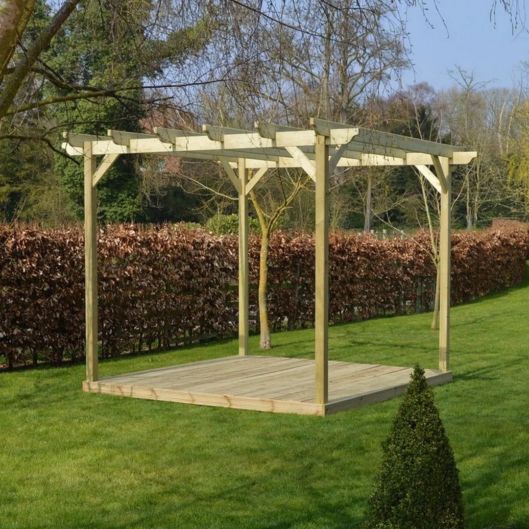 Rutland County Garden Furniture Ltd Garden Pergola & Decking Kit, Wood, L300 x W300 cm, Rustic Brown in Light Green 2