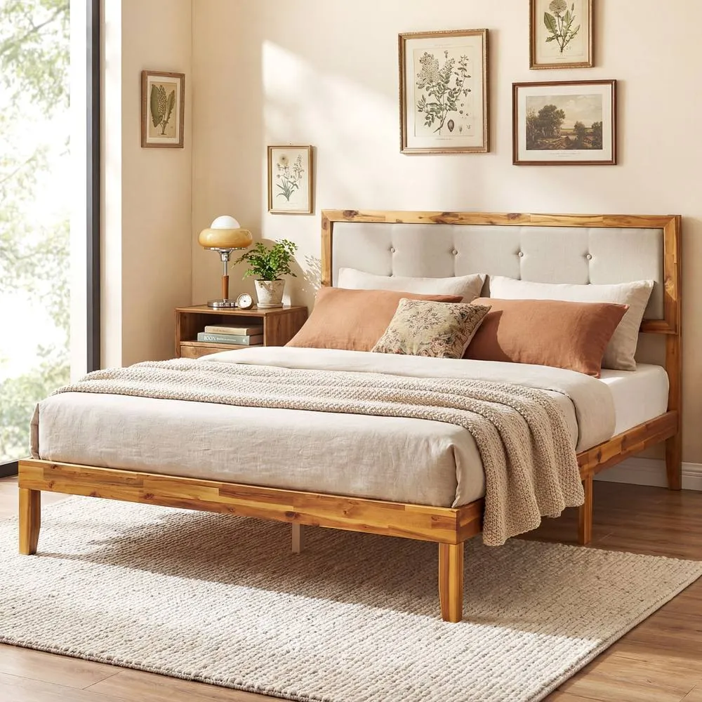 Costway King Size Bed Frame Solid Acacia Wood Platform Beds w/Tufted Headboard 3