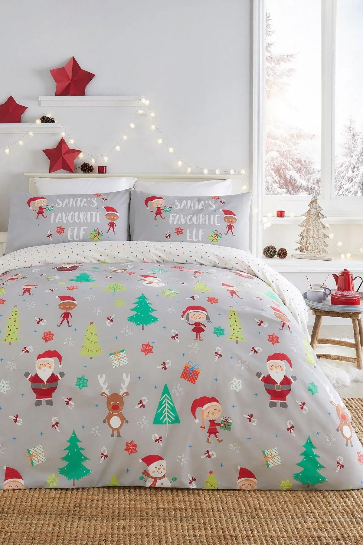 Bedlam 'Elf & Santa' Christmas Duvet Cover Set in Grey