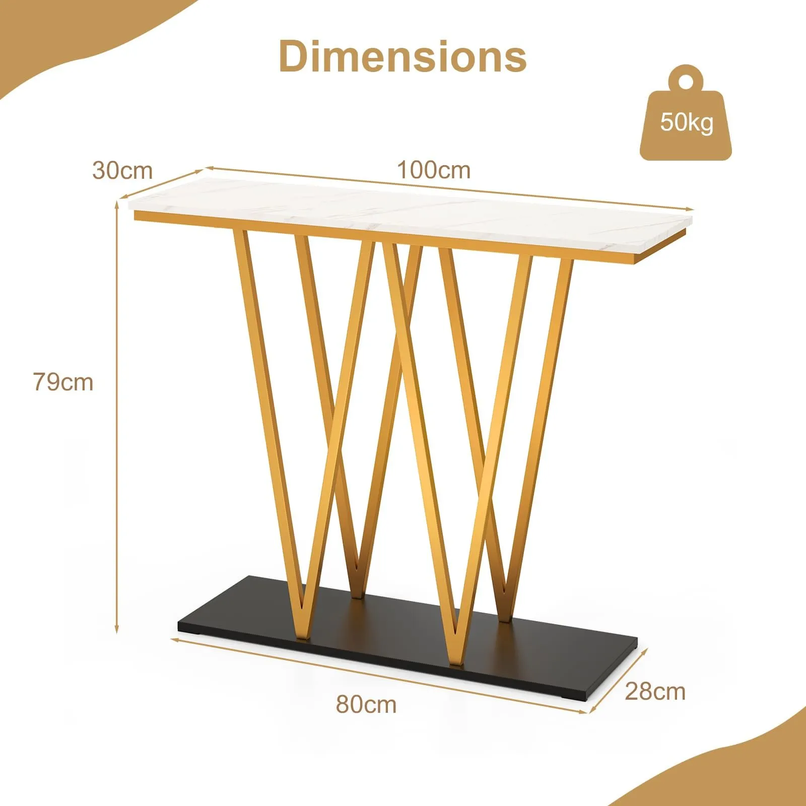 Costway Console Table 100cm Extra Long Entry Table w/ Faux Marble Top in White 2