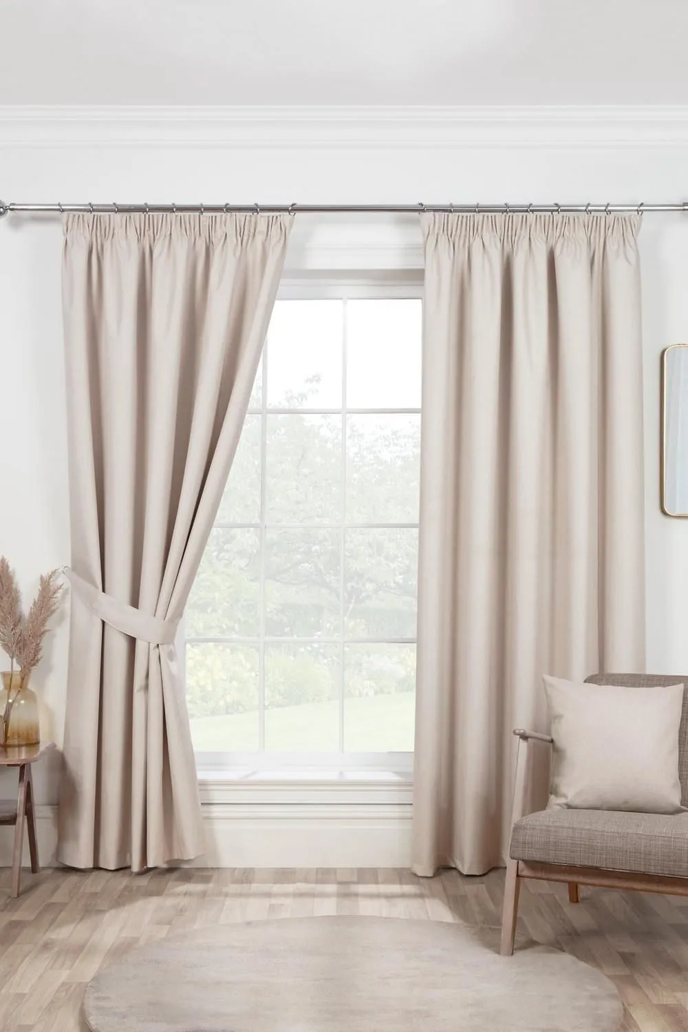 Sundour Eclipse Pencil Pleat Blackout Curtains Taped Curtain Pair in Beige 1
