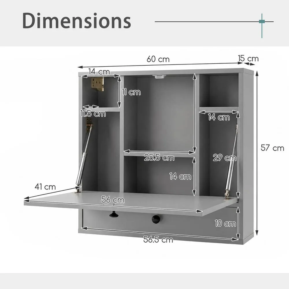 Costway Wall Mounted Fold Down Desk Computer Workstation w/ Drawer in Grey 2
