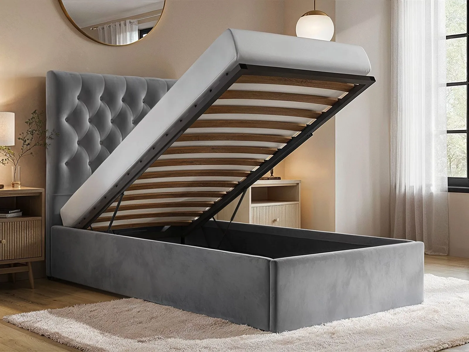 Flair Milan Velvet Single Ottoman Bed in Grey 3