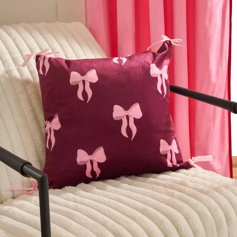 OHS 2 x Bows Matte Velvet Cushion Covers Home Decor in Burgundy