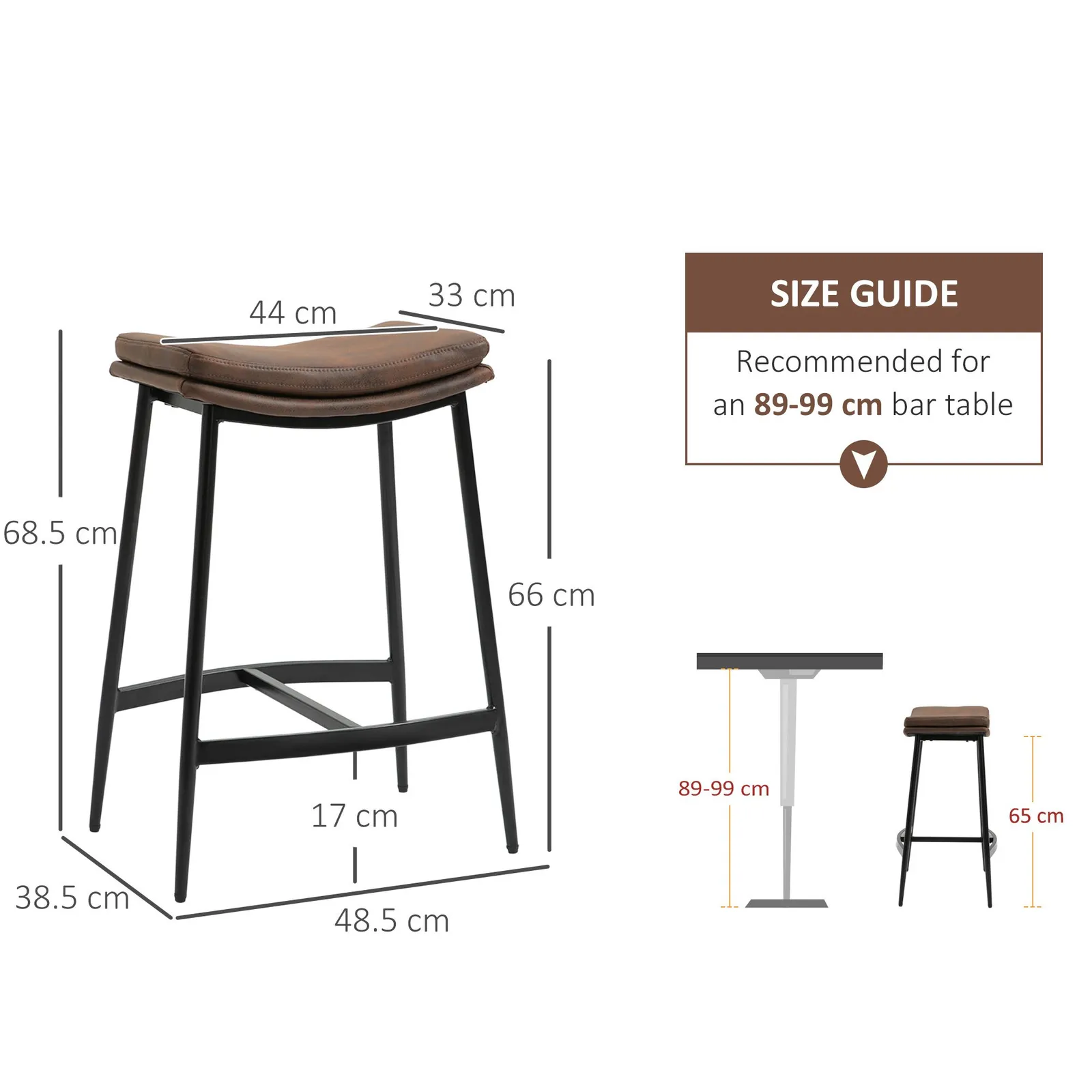 HOMCOM Breakfast Bar Stools Set of 2 Upholstered Barstools w/ Curved Seat in Brown 3
