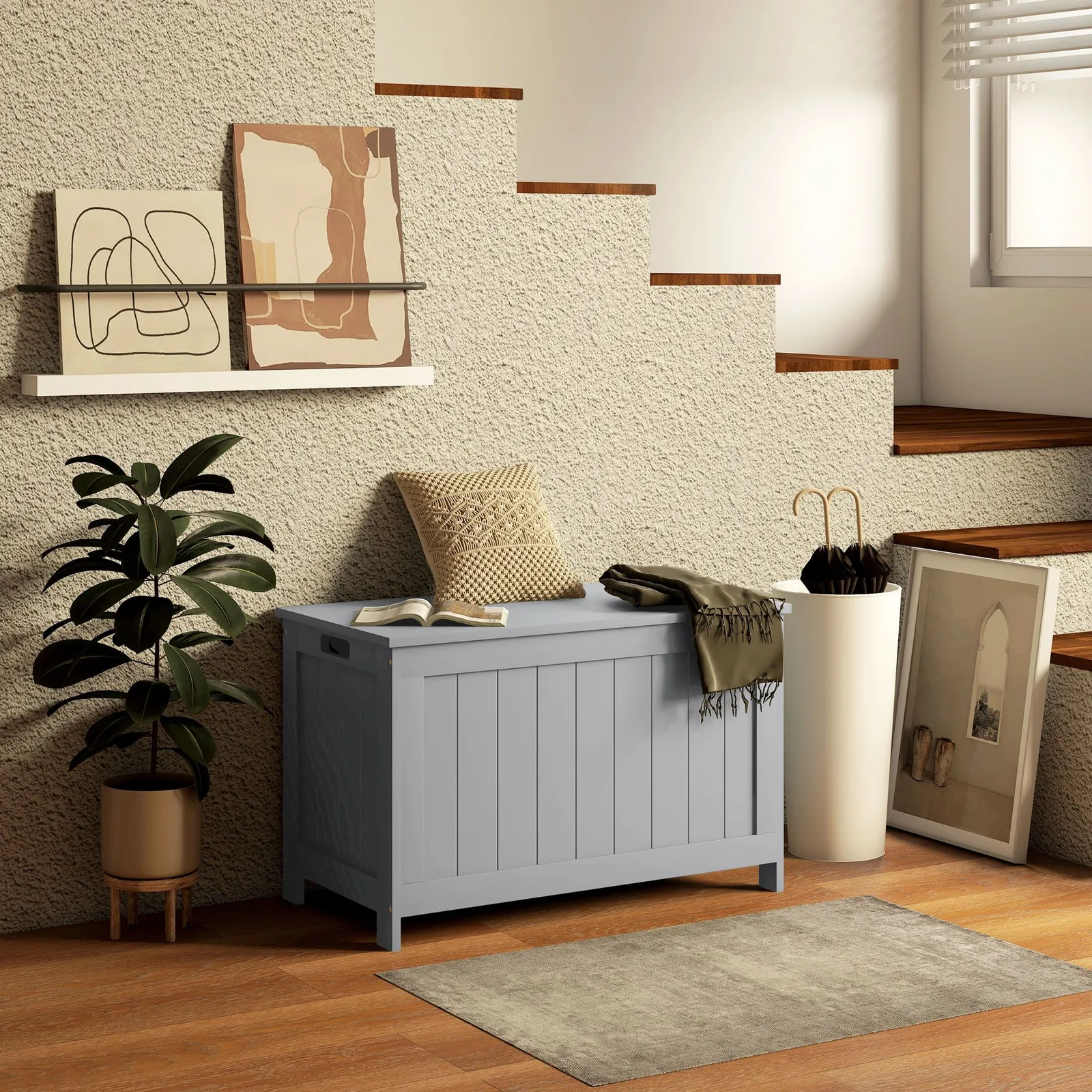 HOMCOM Storage Chest, Modern Storage Trunk with 2 Safety Hinges & Cut-out Handles, Wooden Toy Box for Living Room, Entryway, 76 x 40 x 48 cm in Grey