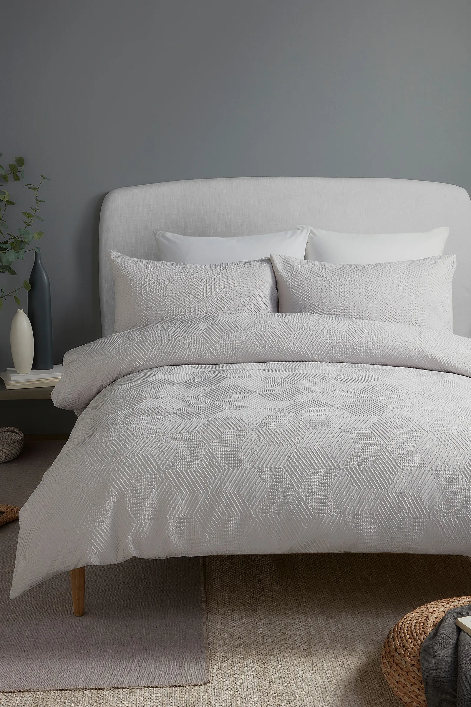 Serene 'Embossed Geo' Embossed Textured Duvet Cover Set in Grey