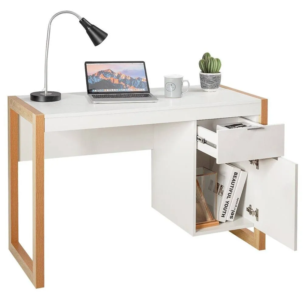 Costway Modern Workstation Desk w/ Storage Cabinet & Drawer Sturdy Structure Home Office in White 5