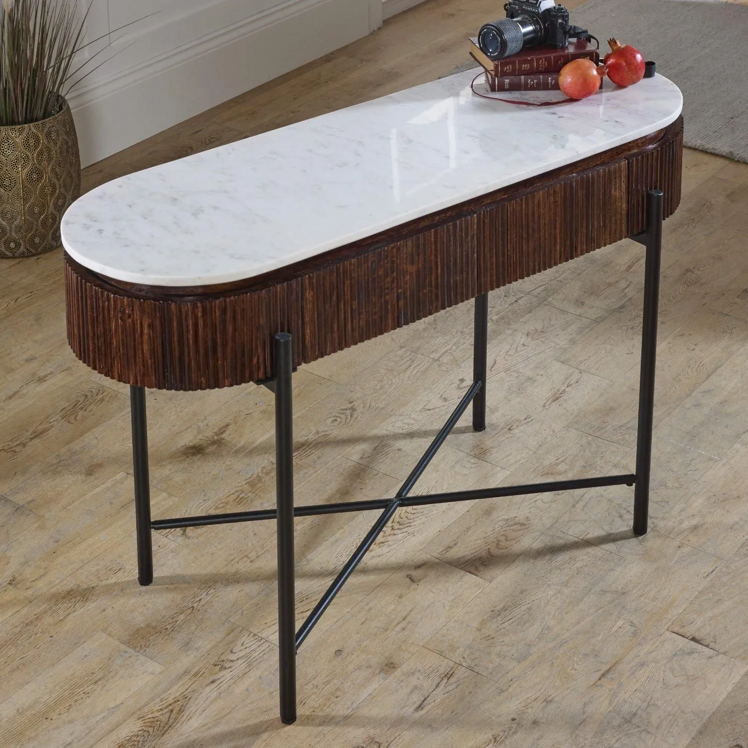 IH Design Tilden Mango Wood Console Table With Marble Top & Metal Legs in White 3