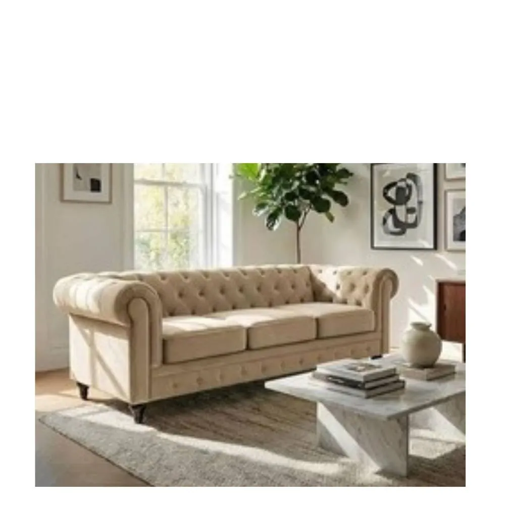 Bliss Furniture Velvet Chesterfield 3 Seater Sofa in Cream
