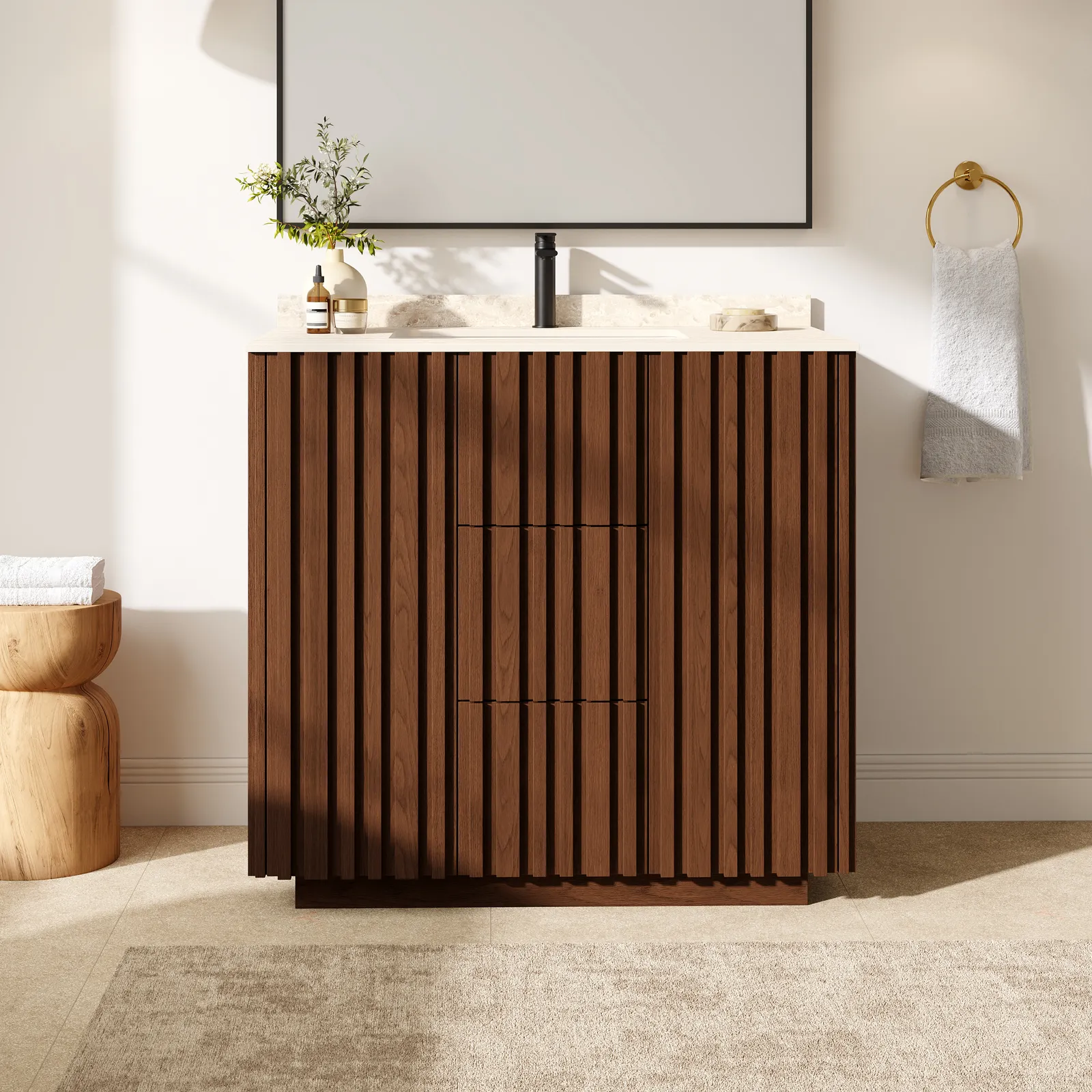 Aura 36-inch Fluted Bathroom Vanity with Sink, Freestanding Single Sink Vanity with Light