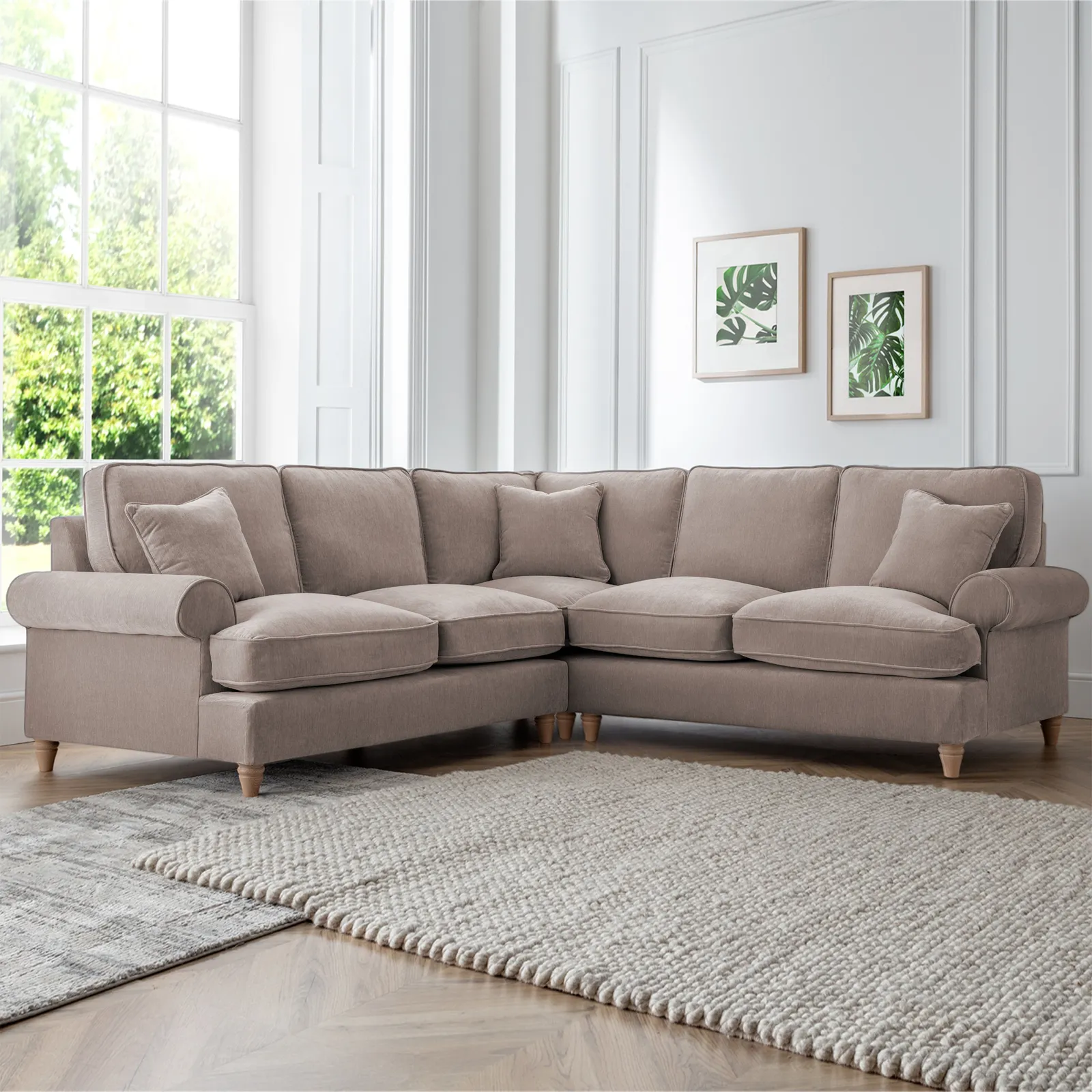 The Great Sofa Company Ezra Large Textured Velvet Corner Sofa - Scroll Arm in Taupe 1