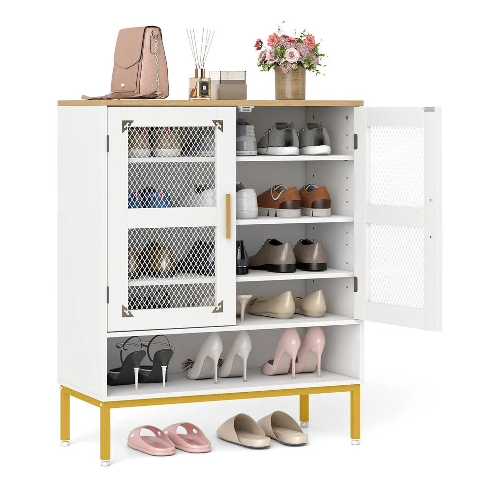 Costway Wooden 5-Tier Shoe Cabinet Modern Shoe Storage Organizer w/Glass Doors in White 3