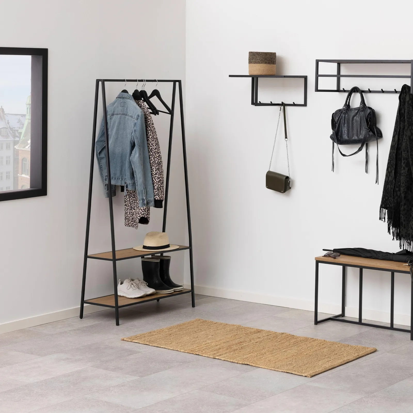 Furniture To Go Seaford Black Metal Clothes Rack with 2 Oak Shelves 4