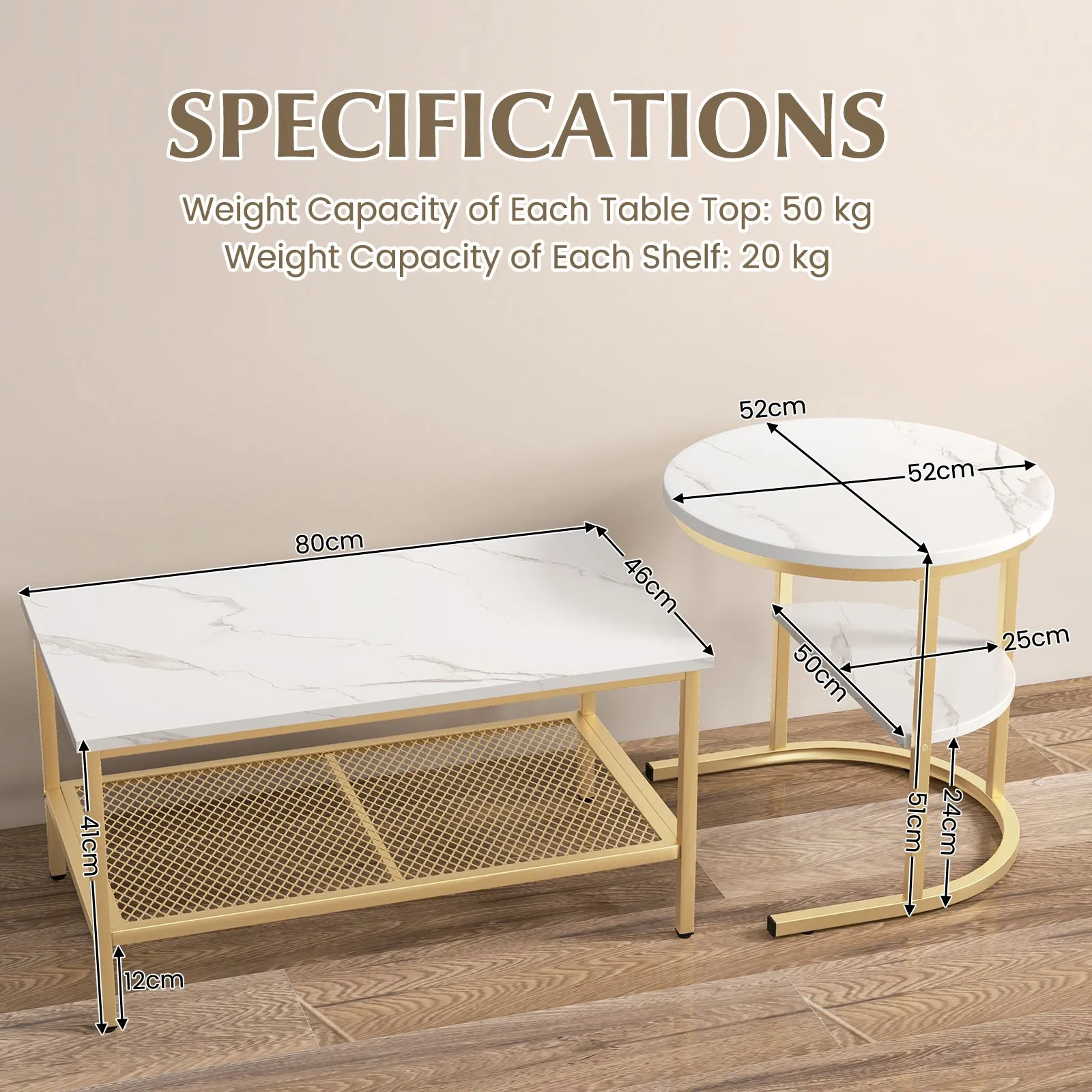 Costway Set of 2 Coffee Nesting Table Set Detachable 2-Tier Sofa Side Table Faux Marble in Gold 2